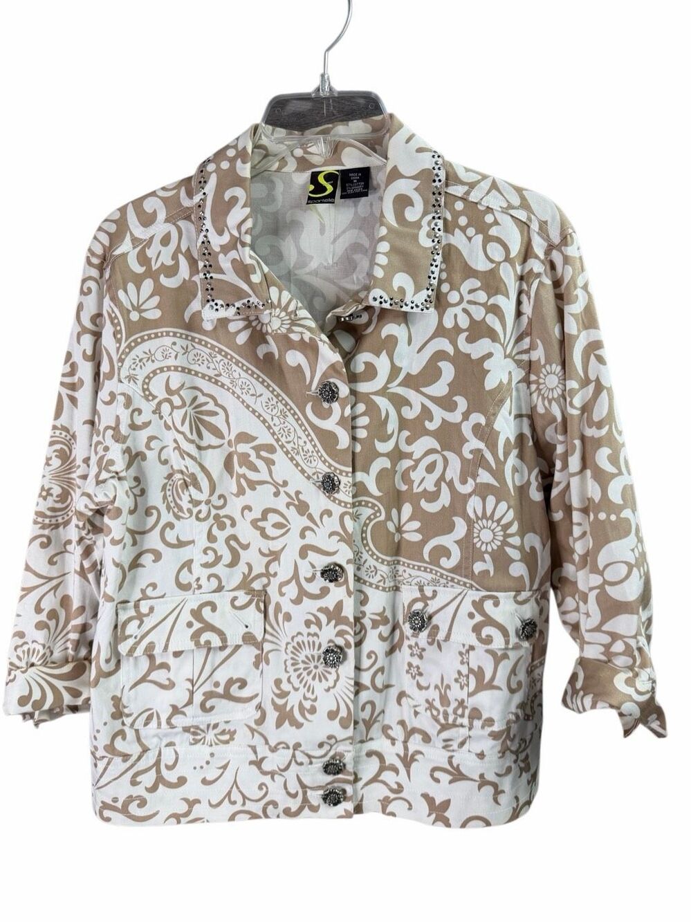 Spartelle Medium Cotton Button Front Blouse Jacket Paisley Floral Tan FLAWED